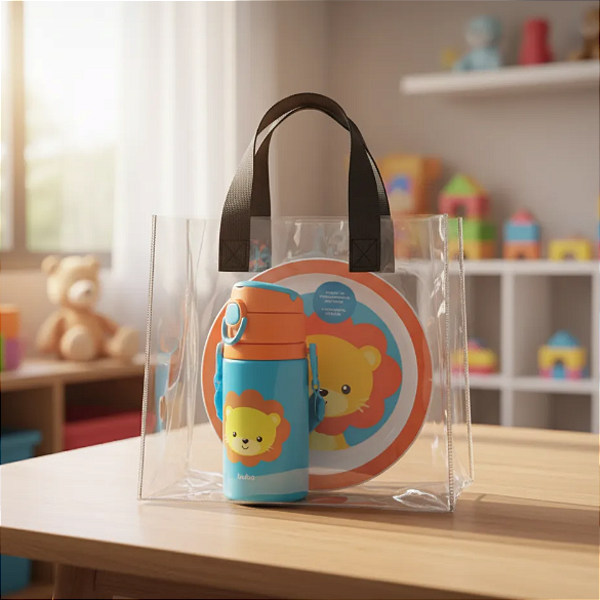 Sacola Transparente para Presente em PVC com Alças em Couro Sintético Preto – Embalagem Elegante, Resistente e Sofisticada para Lembranças e Kits Especiais