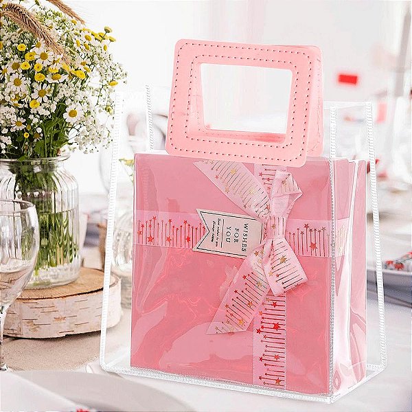 Kit 3 Sacolas Transparente Presente Pvc Alça Quadrada Rosa