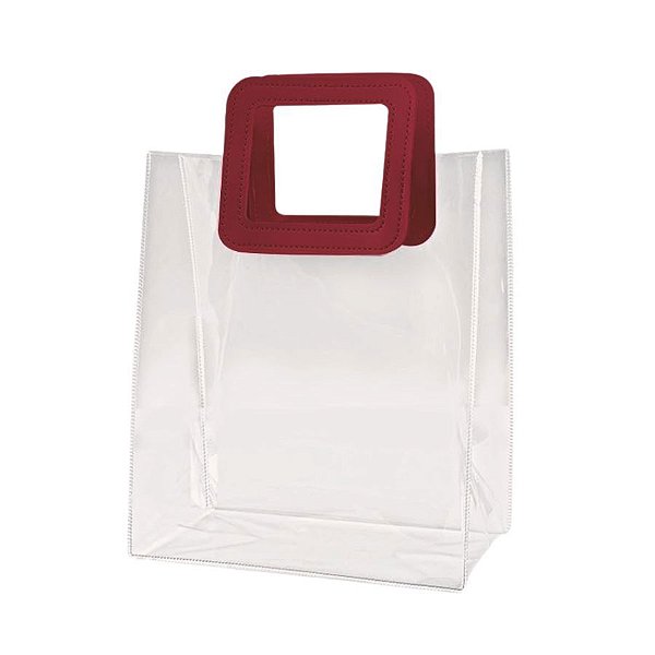 Kit 3 Sacolas Transparente Presente Pvc Alça Quadrada Vinho