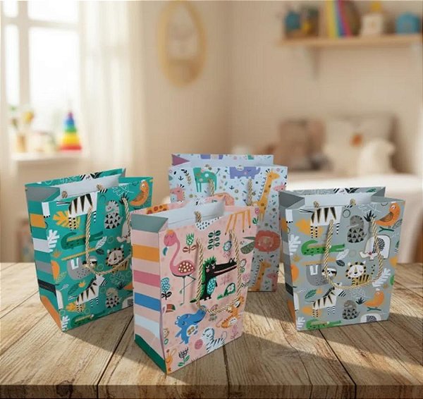 Kit 6 Sacolas Papel Presente Animais Sortidas 18X23X10cm