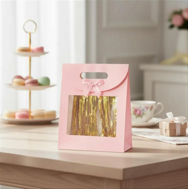 Kit 3 Sacolas de Papel para Presente com Visor Rosa