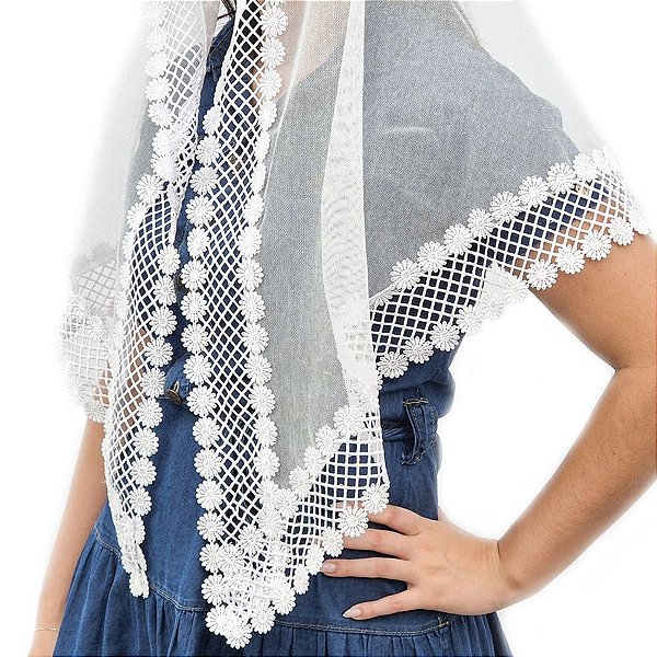 Véu CCB Congregação Cristã Renda Média Guipir Entrelaço Floral Duplo