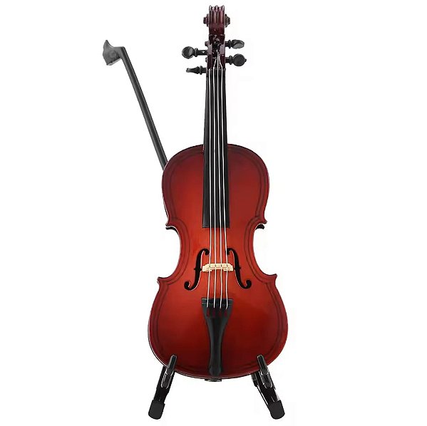 Mini Violoncelo Instrumento Musical Miniatura em Madeira com Estojo e Suporte
