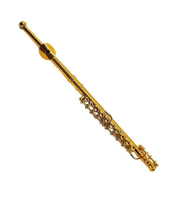 Mini Flauta Transversal Instrumento Musical Miniatura Dourada com Case