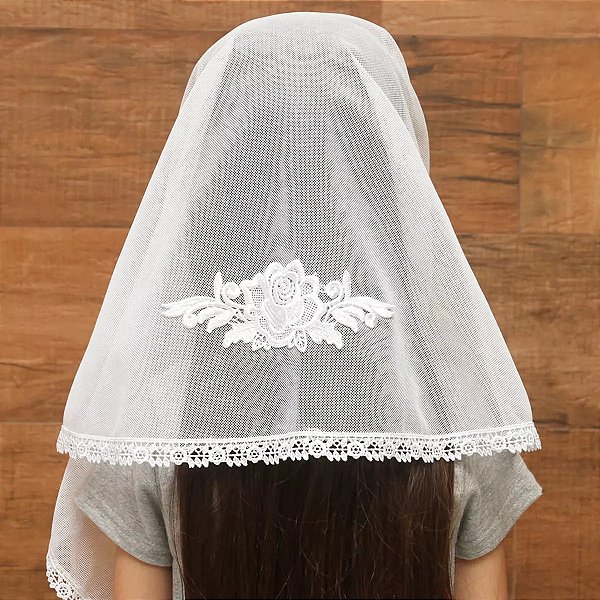 Véu CCB Infantil Renda Floral Redondo de Bico com Aplique Rosa