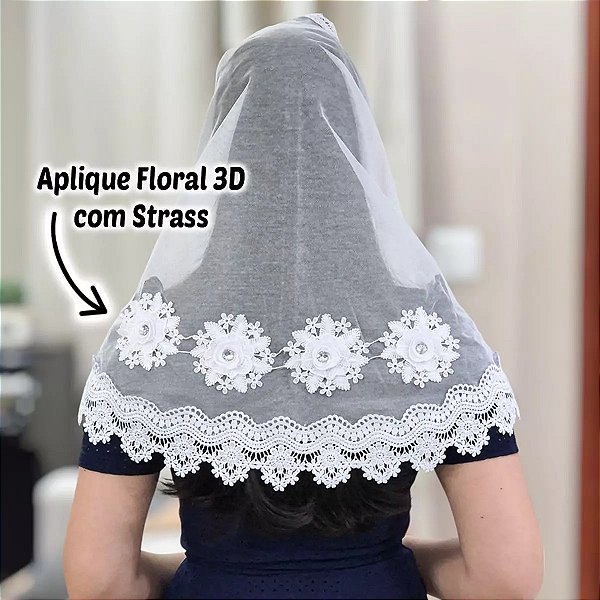 Véu CCB Congregação Cristã com Rosas 3D e Pedras Strass Adulto