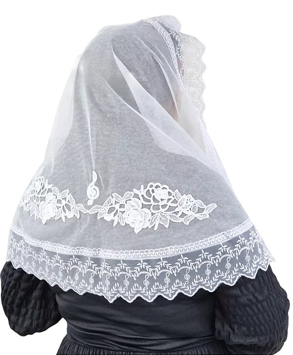 Véu CCB Congregação Cristã Organista Renda Organza Musical com Apliques Florais e Clave de Sol