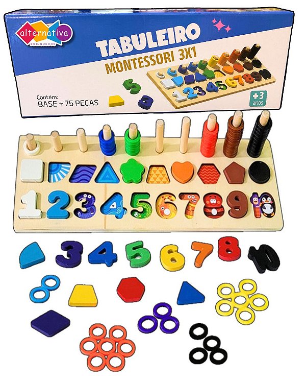 Tabuleiro Montessori 3 em 1 em Madeira