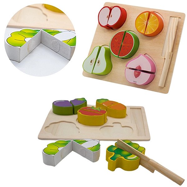 Kit Frutas ou Legumes + Faca de Madeira com Velcro MDF 12 Peças Sortido