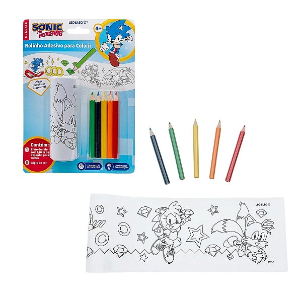 Rolinho Adesivo para Colorir Sonic Blister com 1 Rolo para Pintar + 5 Lápis de Cor de Madeira - Leo&Leo