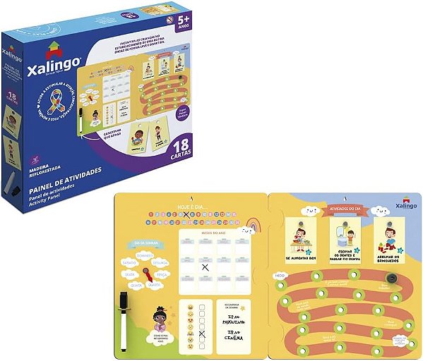 Painel de Atividades Estabelecendo uma Rotina Escreva e Apague 18 Cartas Madeira Quadro 59x32 cm - Xalingo