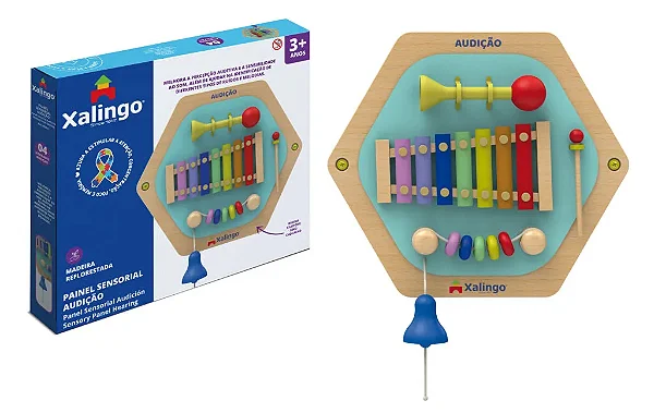 Painel Sensorial Audição MDF 04 Atividades Musicais: Sino, Buzina, Xilofone e Chocalho - Xalingo