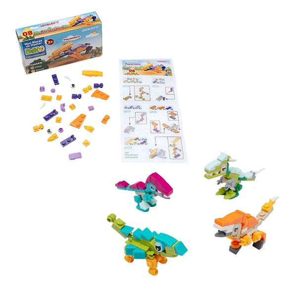 Bloco de Montar Mini Dino Colecionáveis Sortido 34 Peças 1 Manual - Leo&Leo