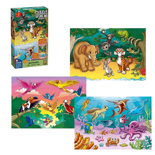 Quebra-Cabeça Progressivo Animais Céu, Terra e Mar 12, 20 e 30 Peças - Grow