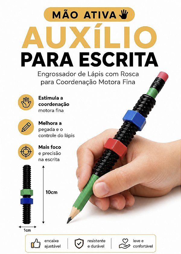 Mão Ativa Auxílio para Escrita Engrossador de Lápis com Rosca para Coordenação Motora Fina - Alternativa 3D