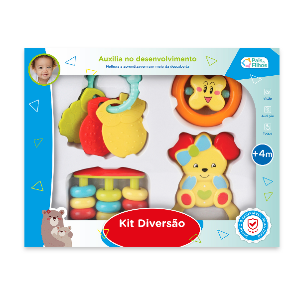 Kit Diversão Conjunto de Mordedor e Chocalho Infantil - Pais e Filhos