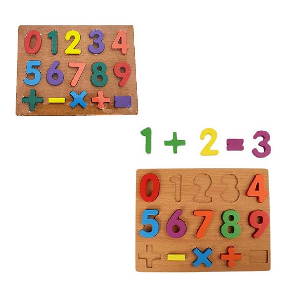 Números e Sinais de Encaixe Quebra-Cabeça em Madeira - Pais e Filhos