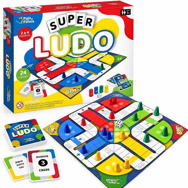 Jogo de Tabuleiro Super Ludo com Cartas 2 a 4 Jogadores - Pais e Filhos