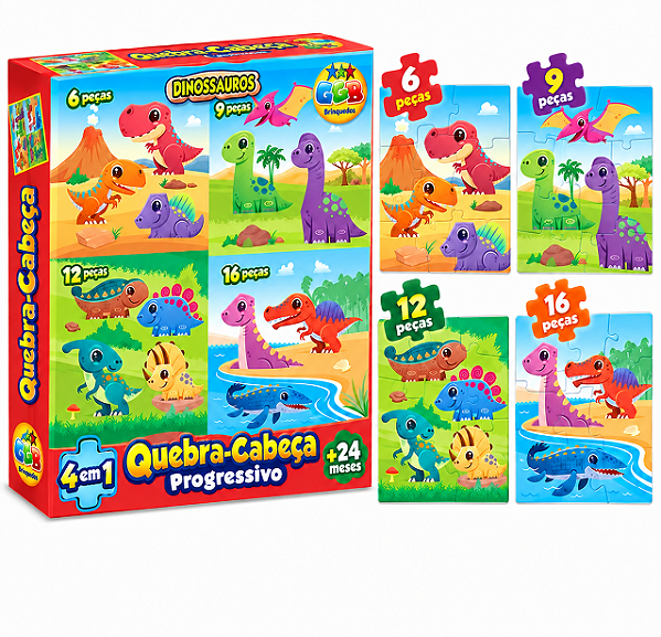 Quebra Cabeça Progressivo 4 em 1 Dinossauros 6 9 12 e 16 Peças - GGB Brinquedos