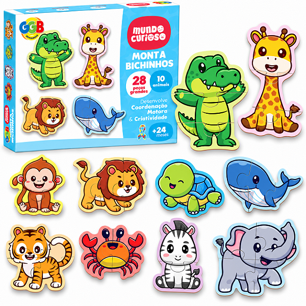 Quebra Cabeça Monta Bichinhos 28 Peças Grandes com 10 Animais - GGB Brinquedos