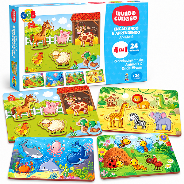 Jogo Encaixando e Aprendendo Animais 4 em 1 com 24 Animais - GGB Brinquedos