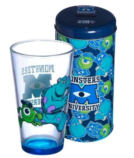 Universidade Monstros S.A Kit Copo De Vidro 500ml + Cofre Metal Mike Sulley Sullivan Oficial Disney
