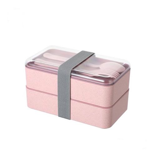 BENTO BOX CAMADA DUPLA COM GARFO E COLHER - PALHA DE TRIGO ROSA - 1000 ML