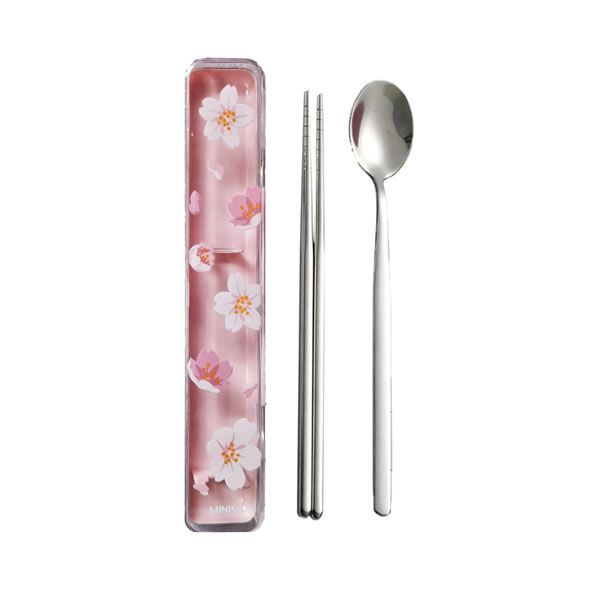 Conjunto Hashi E Colher Miniso Sakura Em Aço Inox C/ Estojo