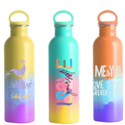 GARRAFA AÇO INOX COLORIDA DEGRADÉ COM ALÇA NA TAMPA 850ml.