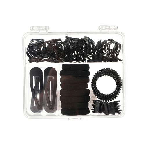 CAIXINHA COM CONJUNTO DE PRESILHAS E ELÁSTICOS PARA CABELOS COR PRETO 125 PEÇAS