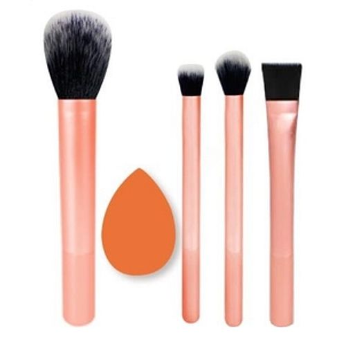 KIT COM 4 PINCEIS PARA MAQUIAGEM E 1 ESPONJA SÉRIE LUXO COR ROSA