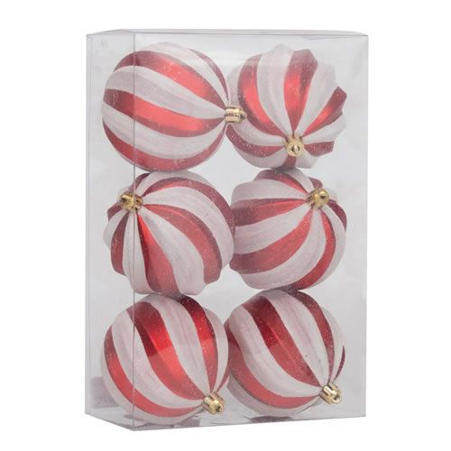 CONJUNTO DE 6 BOLAS LISTRDADAS VERMELHO COM BRANCO PARA DECORAR ARVORE DE NATAL 8cm.