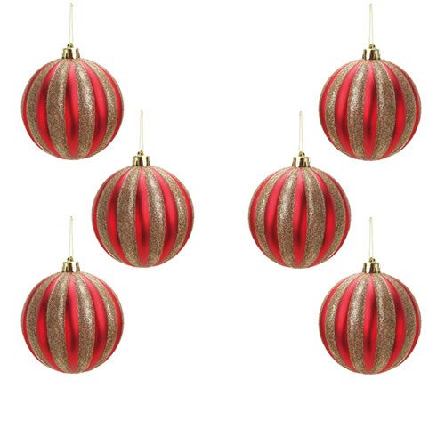 CONJUNTO DE 6 BOLAS LISTRDADAS VERMELHO COM DOURADO PARA DECORAR ARVORE DE NATAL 8cm.