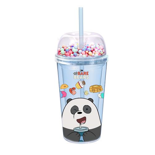 COPO DE PLÁSTICO COM CANUDO E TAMPA MODELO URSO SEM CURSO PANDA COR AZUL 420ml.