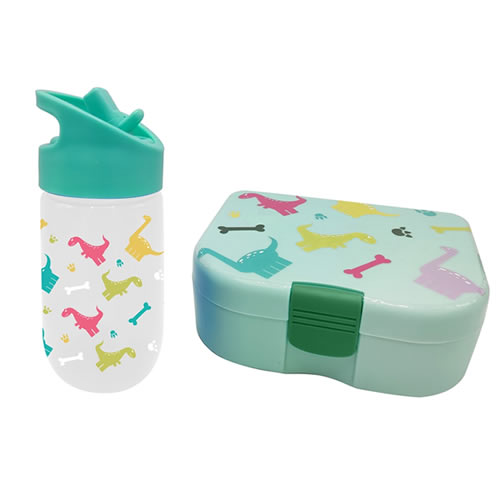 CONJUNTO BENTO BOX 900ml. COM GARRAFA DE PLÁSTICO 350ml. SÉRIE DINOSSAUROS COR VERDE