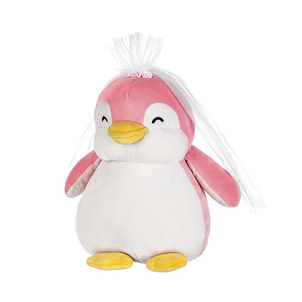 PELÚCIA DE PINGUIM NOIVA COR ROSA TAMANHO 37 CM.