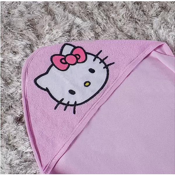 TOALHA COM CAPUZ MODELO SANRIO HELLO KITTY TAMANHO 70X70 CM.
