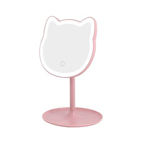 ESPELHO DE MESA FORMATO DE GATO COM LED COR ROSA 29 CM.