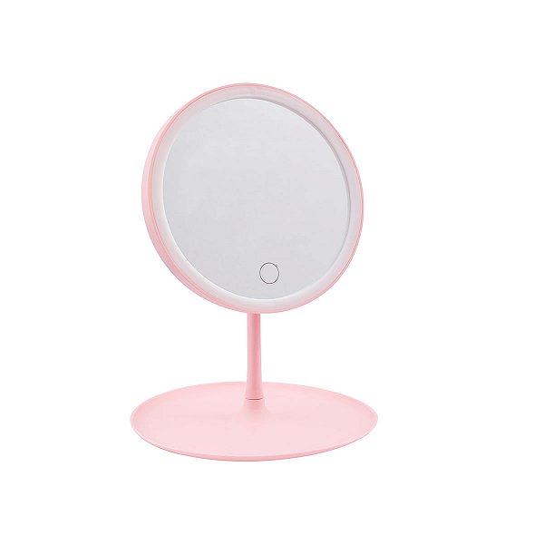 ESPELHO DE MESA REDONDO COM LED COR ROSA 29 CM.