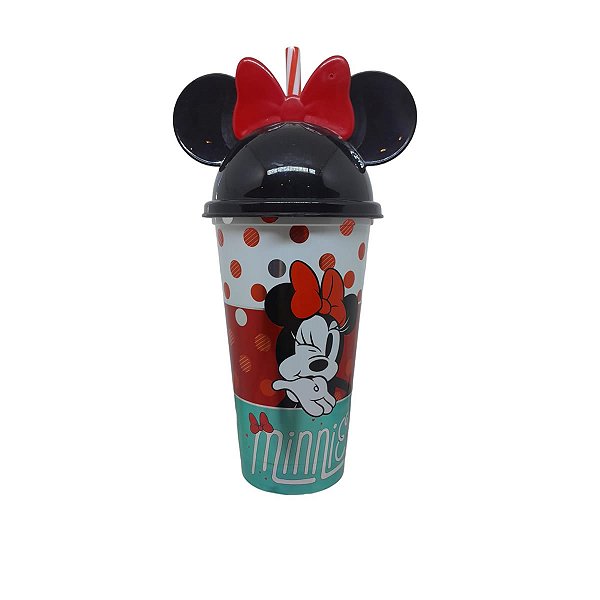 COPO C/CANUDO COLEÇÃO DISNEY MINNIE C/ ORELHAS E LAÇO 500 ML