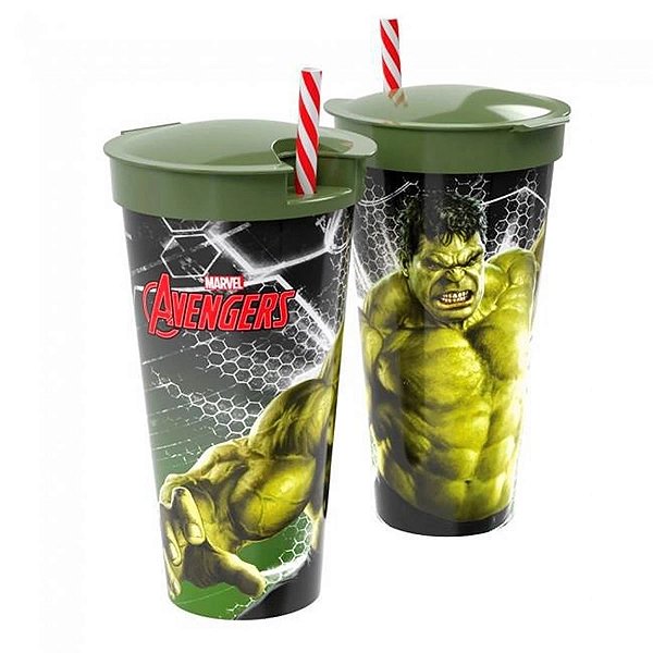 COPO C/ COMPARTIMENTO E CANUDO COLEÇÃO MARVEL HULK 540 ML.
