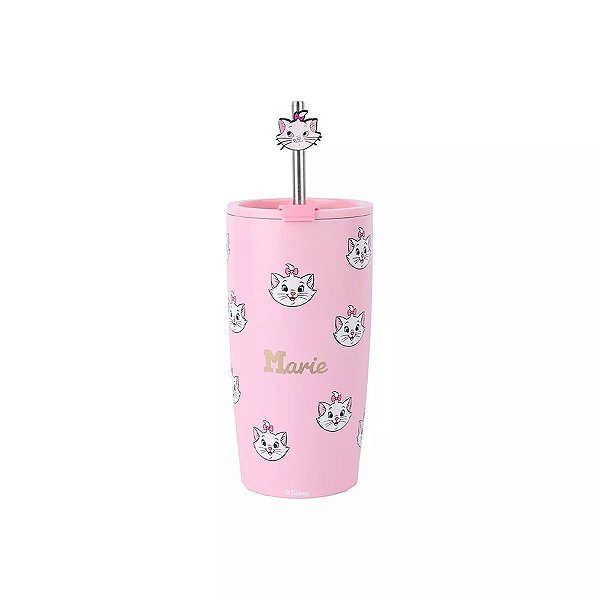 COPO DE AÇO INOX COM CANUDO COLEÇÃO DISNEY GATA MARIE 530 ML.