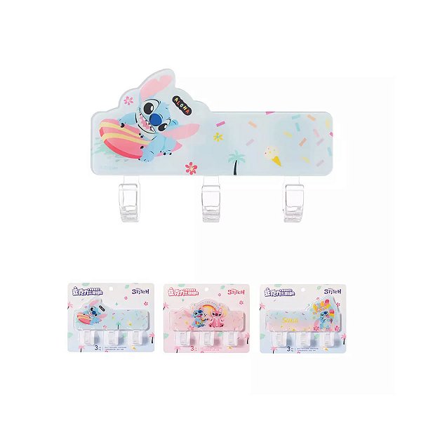 SUPORTE COM 3 GANCHOS ADESIVOS COLEÇÃO DISNEY STITCH 2K.