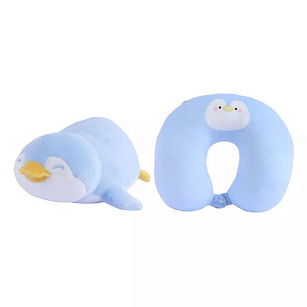 ALMOFADA DE PESCOÇO DUPLA UTILIZAÇÃO PINGUIM AZUL 32 X 30 CM.
