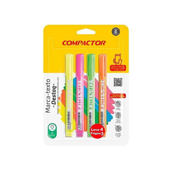 KIT CANETA MARCA TEXTO DESTAQ 4 CORES NEON COMPACTOR