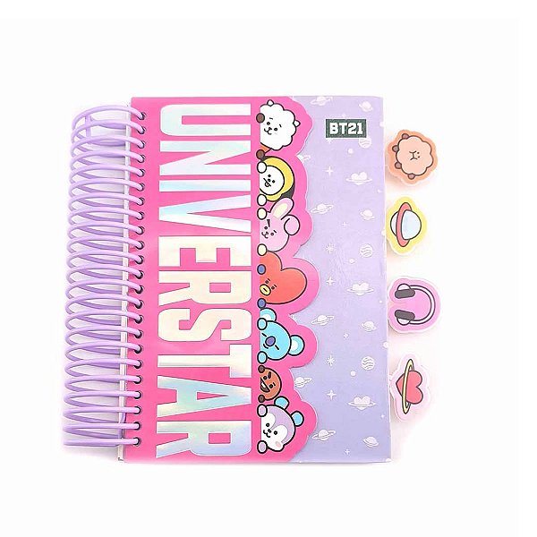 CADERNO CAPA DURA COM MARCA PÁGINAS MODELO BT21 UNIVERSTAR
