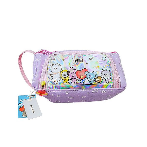 NECESSAIRE PARA COSMÉTICOS COM 2 BOLSOS E ALÇA MODELO BT21 COR LILÁS