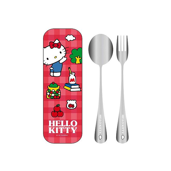 Kit Talheres Inox Hello Kitty Com Estojo Fofo Sanrio Miniso