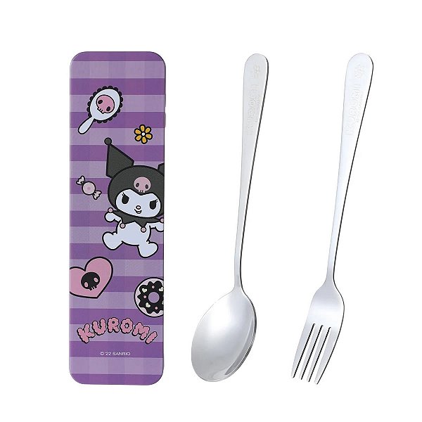 CONJUNTO DE TALHERES INOX COM ESTOJO MODELO SANRIO KUROMI 17 CM.