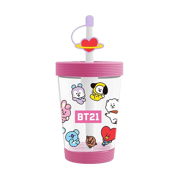 COPO PLÁSTICO COM CANUDO COLEÇÃO BT21 ROSA 535 ML.